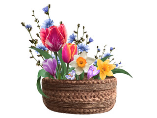 composition of tulip, narcissus, and crocus flowers illustration