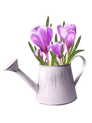 purple crocuses in a watering can illustration