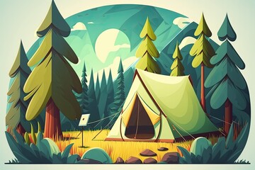 wild vacation hiking in the woods with a tent, camping trip inspiration lifestyle relaxation camping with tent. Generative AI