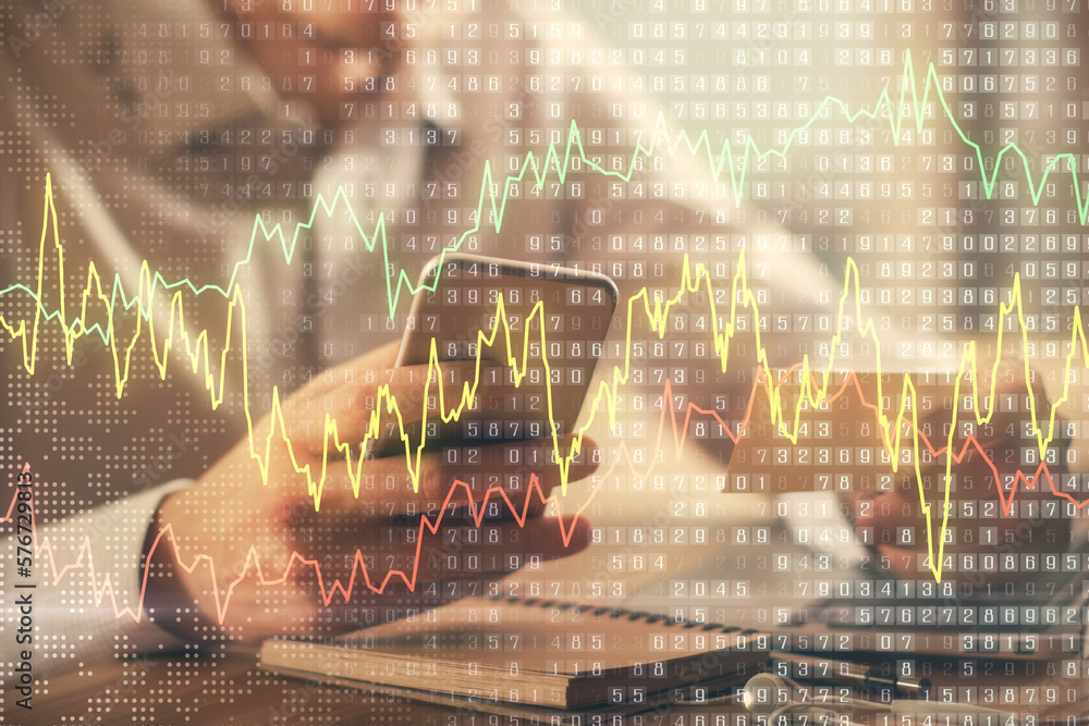 Poster Double exposure of man's hands holding and using a phone and financial graph drawing. Analysis concept.