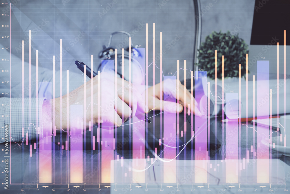 Poster double exposure of man's hands holding and using a phone and financial graph drawing. analysis conce