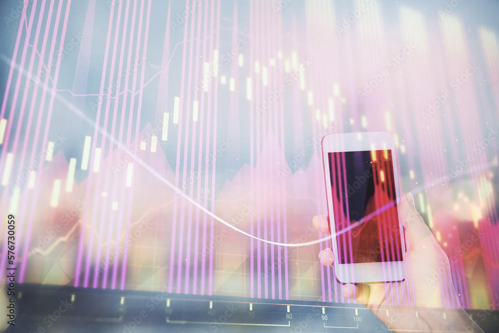 Poster double exposure of forex chart sketch hologram and woman holding and using a mobile device. stock ma