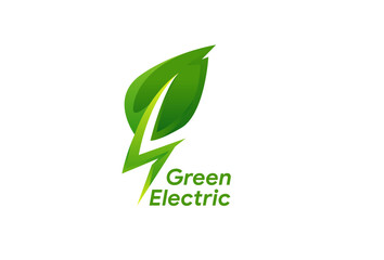 illustration vector graphic logo design, pictogram logo combination leaf and electric bolt in green color