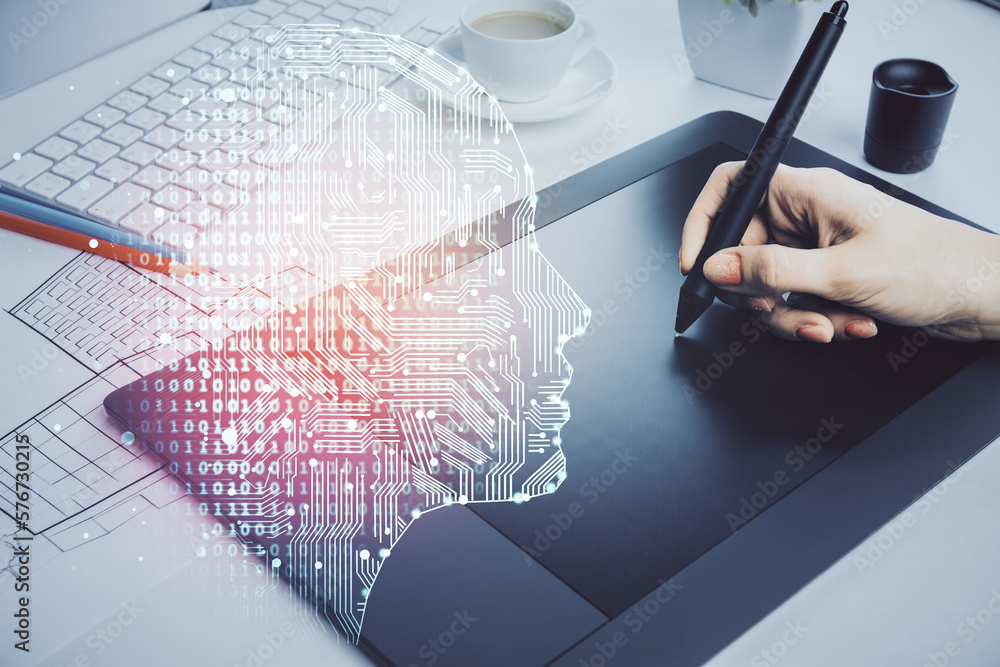Poster double exposure of brain sketch hologram and woman holding and using a mobile device.