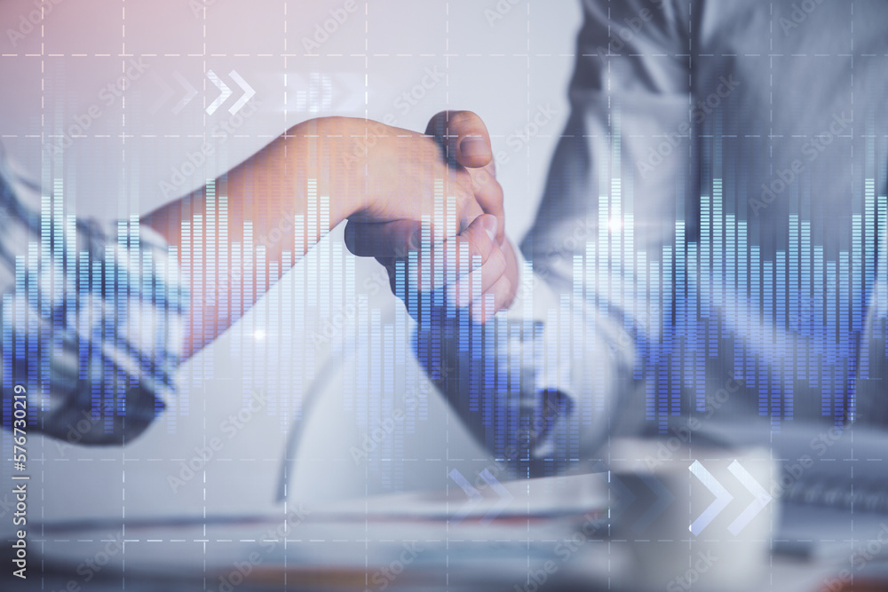 Poster double exposure of forex graph hologram and handshake of two men. stock market concept.