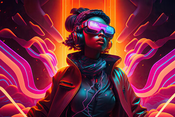 Generative AI illustration of black woman in VR headset with glowing colorful lights