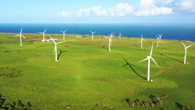 Aerial view of the Hawi Wind Farm, Hawi, North Kohala, Hawaii Island, Hawaii, United States.