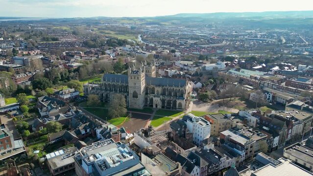 Orbiting Exeter Cathedral in the city centre of Exeter, Devon, UK