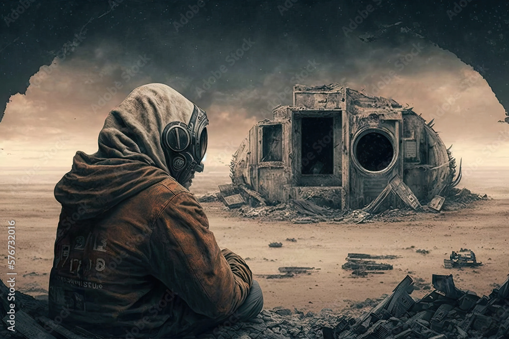 Aufkleber a lonely echo in the face of desolation; the aftermath of death destruction generative ai