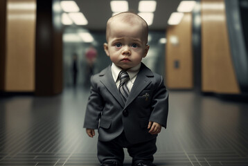 a nearly crying baby, a boy, a child in business outfit with suit. Generative AI