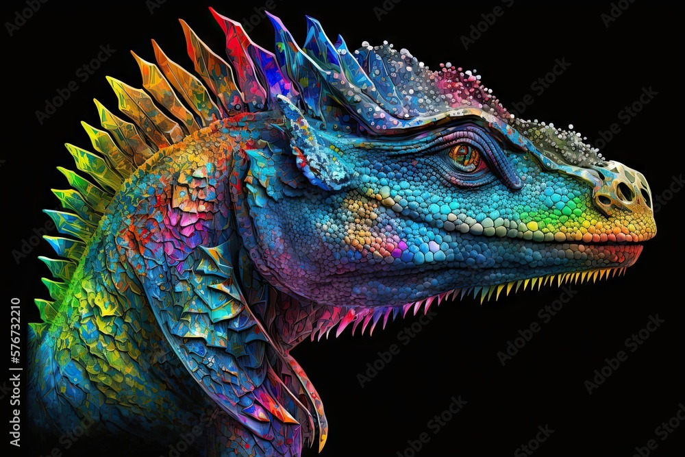 Poster a shimmering splash of scaley brilliantness - the multicolored dinosaur' generative ai