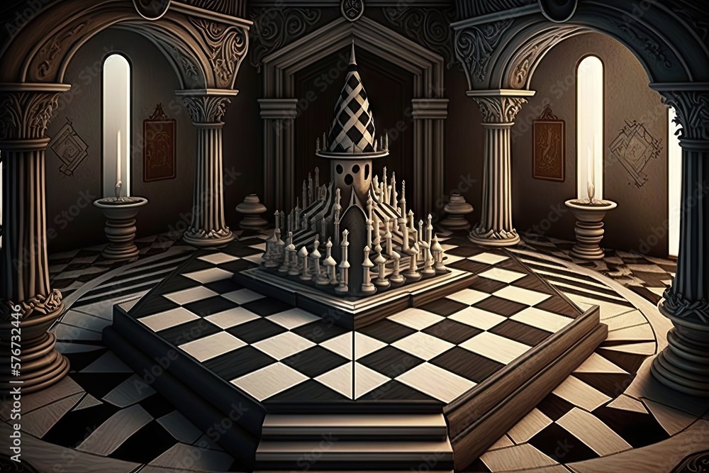 Poster an elegant abode of conundrums - a captivating chessboard illustration generative ai