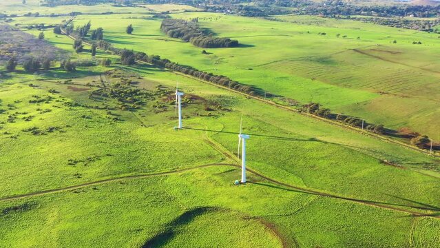 Aerial view of the Hawi Wind Farm, Hawi, North Kohala, Hawaii Island, Hawaii, United States.