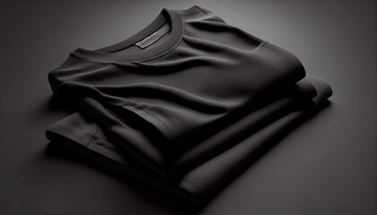 Pile of black T-shirts isolated on black table background. Black Friday sale concept, copy space for text, generative ai 
