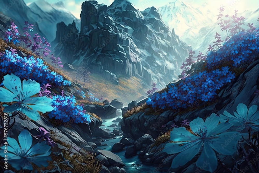 Poster azure petals and ethereal enchantment in the lush valleys generative ai