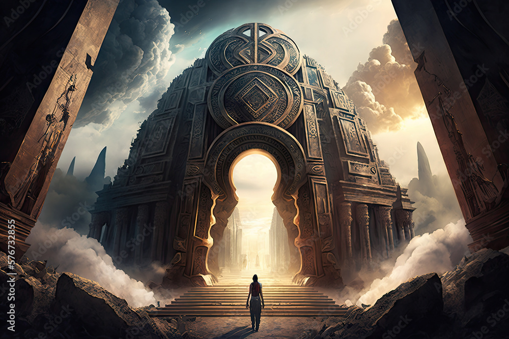 Poster beneath a cloudy sky, inside an eternal labyrinth: journey to an ancient metropolis generative ai