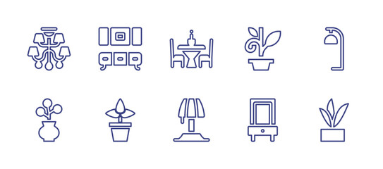 Home decoration line icon set. Editable stroke. Vector illustration. Containing chandelier, cupboard, dining table, flowerpot, lamp, vase, house plants, table lamp, mirror, plant.