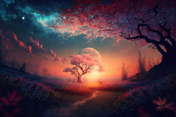 Beyond Our Galaxies and Into An Endless Possibilities: Witnessing the Magnificence of a Spring Fantasy Sunset Generative AI