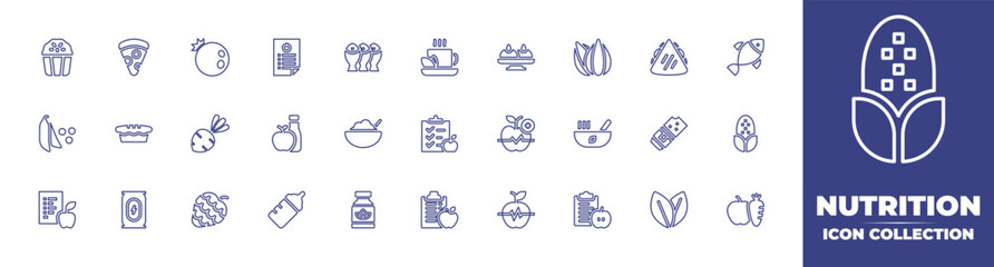 Nutrition line icon collection. Editable stroke. Vector illustration. Containing panettone, pizza, blueberry, diet, dried fish, coca tea, sandesh, almond, quesadilla, fish, green peas, pie, and more.