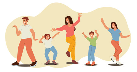 Happy Family Celebrate Home Party. Parents with Children Dance Isolated on White Background. Mom, Dad and Kids Characters Fun Sparetime, Leisure, Rejoice Together. Cartoon People Vector Illustration