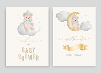 Cute baby shower watercolor invitation card for baby and kids new born celebration. With clouds, moon, stars, teddy bear and calligraphy inscription. - obrazy, fototapety, plakaty