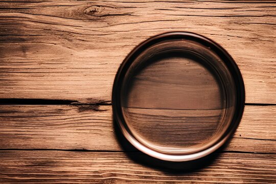 Clean empty round glass ashtray on an old wooden table in a park. Close up, selective focus, shallow depth of view. Round glass ashtray isolated on wooden background - generative ai