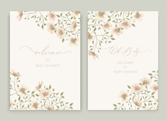 Cute baby shower watercolor invitation card for baby and kids new born celebration with Blooming tree flowers.