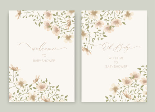 Cute Baby Shower Watercolor Invitation Card For Baby And Kids New Born Celebration With Blooming Tree Flowers.