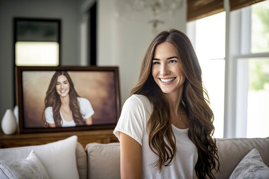 young woman sitting on the sofa at home, daylight shines through large windows into the living room. Generative AI