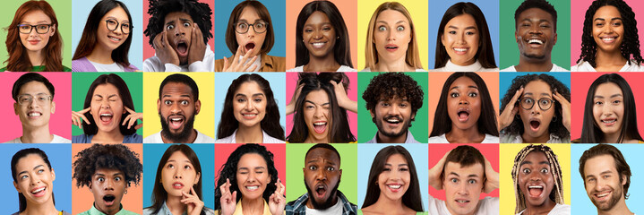 Diversity. Set Of Multiethnic People With Different Face Expressions Over Colorful Backgrounds