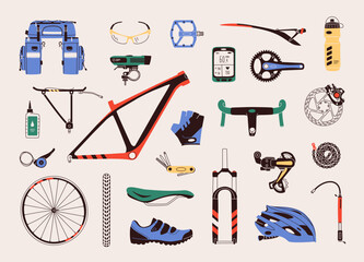 Flat design vector illustration of bicycle parts, components, spares and accessories. Set includes bike parts such as frame, fork, saddle, wheel, helmet, handlebar, glasses, clothes, and other.