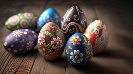Easter eggs on wooden table, close up view. Hand painted eggs Easter decoration, Generative AI	
