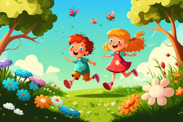 Obraz na płótnie Canvas Children run happily on a meadow with flowers, cartoon illustration, generative ai