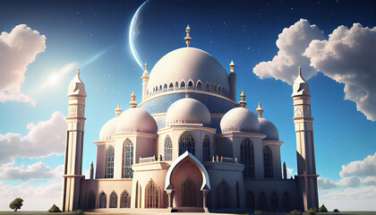 Ramadan kareem eid al-fitr template background with mosque. Generative AI.