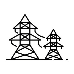 Lattice tower and overhead power line isolated thin line icon.