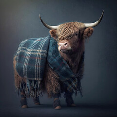 Scottish highland cow wearing green tartan shawl - obrazy, fototapety, plakaty