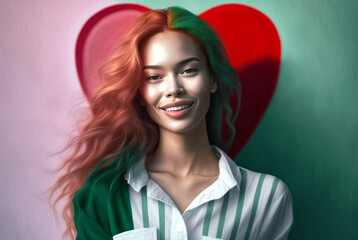 young adult woman with a smile, close-up positive emotion, green and red, symbolic heart. Generative AI