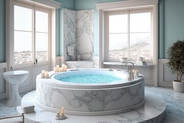 Clean and Cozy Unwind in Luxury with a SpaDay at Home in this Chic Marble Bathroom with Jacuzzi. Generative AI - obrazy, fototapety, plakaty