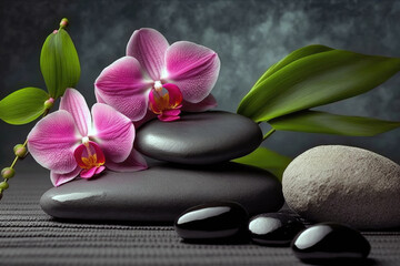 Obraz na płótnie Canvas Achieve ZenLike Bliss with Pink OrchidInfused Spa Stones Unlock Lasting Stress Relief Joy. Generative AI