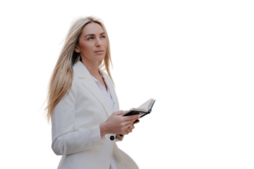 Thoughtful young adult businesswoman holding diary dressed in white suit looks up, makes decision against transparent background. Successful female lawyer goes to court. Pensive lady in hesitation