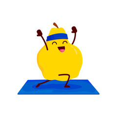 Fototapeta premium Cartoon quince character on yoga or pilates fitness sport. Vector ripe fruit on stretching practice, funny comic personage in yogi pose partaking in wellness class standing on mat with raised arms