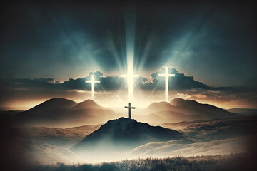 Three crosses on a hill. Religious illustration. Generative Ai.	