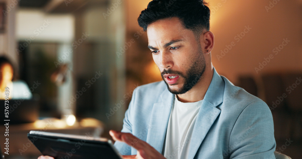 Poster confident business planning a marketing strategy on a digital tablet while working in a modern offic