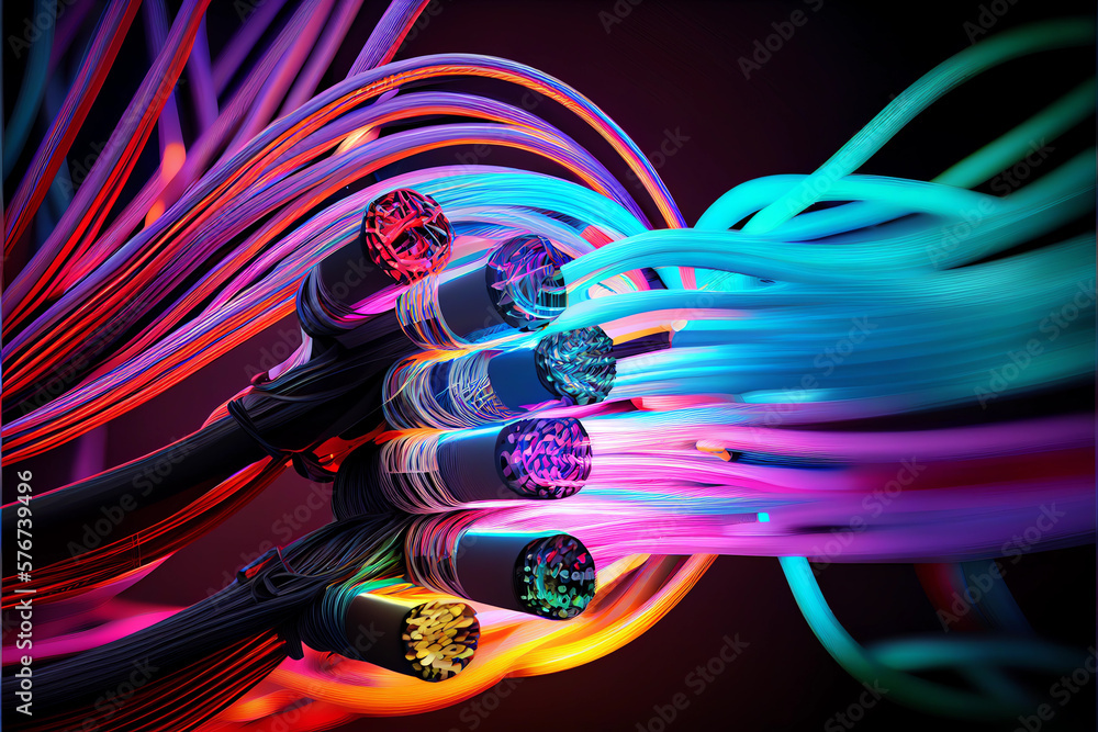 Poster abstract fiber optical network cable on a multi colored glow background. generative ai