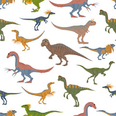 Cartoon dinosaur characters vector seamless pattern. Prehistoric dino monsters background. Dinosaur animals, funny velociraptor, oviraptor, dilophosaurus and carnotaurus, kompi and patchi backdrop
