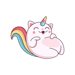 Cartoon cute caticorn character relax or sleep. Isolated vector fantasy animal personage with rainbow tail and horn. Funny magical kitten, kawaii magic cat, sweet unicorn kitty with smiling happy face
