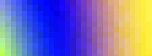 Long banner. bright gradient background - blue color turning into yellow, pixel mosaic tile. copy space.