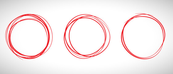 Red circle line hand drawn set. Highlight hand drawing circle isolated on background. Round handwritten circle. For marking text, note, mark icon, number, marker pen, pencil and text check, vector