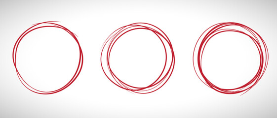 Red circle line hand drawn set. Highlight hand drawing circle isolated on background. Round handwritten circle. For marking text, note, mark icon, number, marker pen, pencil and text check, vector