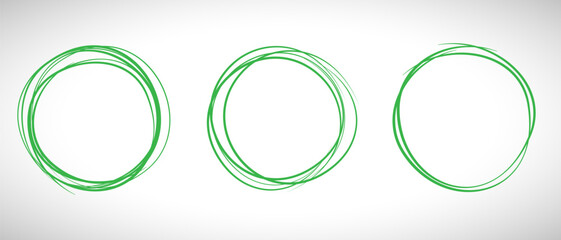 Green circle line hand drawn set. Highlight hand drawing circle isolated on background. Round handwritten circle. For marking text, note, mark icon, number, marker pen, pencil and text check, vector